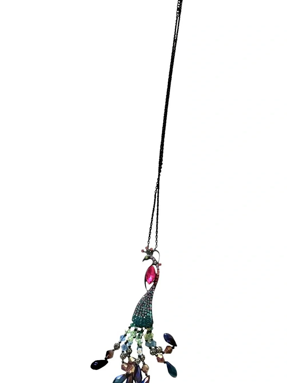 Betsy Johnson - Long Peacock Pendant Necklace with Pink and Green Crystals